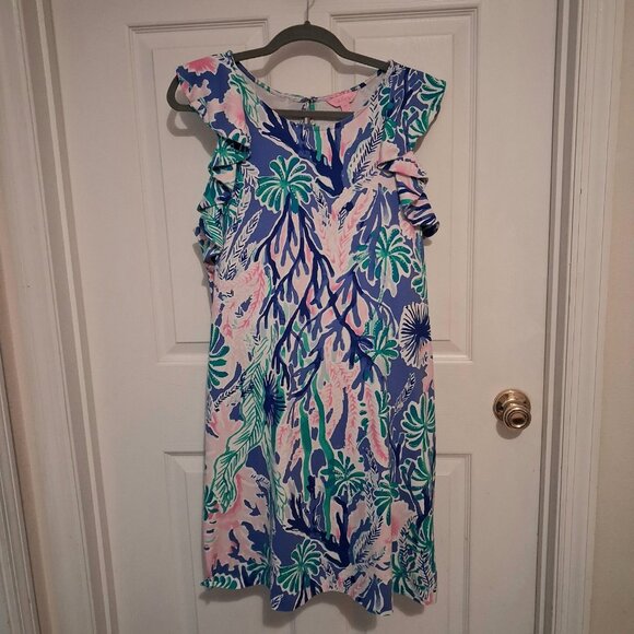 Lilly Pulitzer Esmeralda Jet Stream Blue Floral Ruffle Sleeve Dress Size XL - Picture 1 of 16
